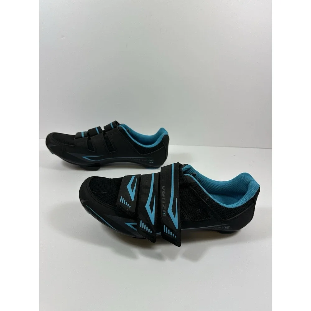 Venzo Cycling Shoes Womens 9 Mens 7.5 Black  Mesh Turquoise Blue W/Cleats 3 Bolt